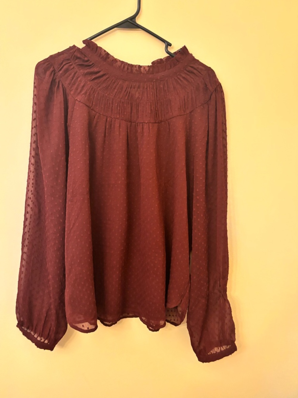 LOFT Burgundy Swiss Dot Pleated Yoke Blouse